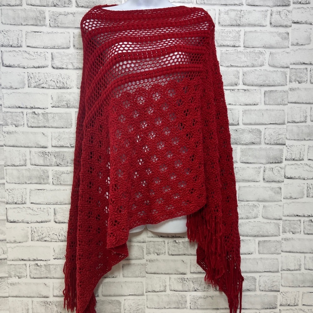 Women's Red Crochet Fringe Poncho Sweater OS - Picture 2 of 4